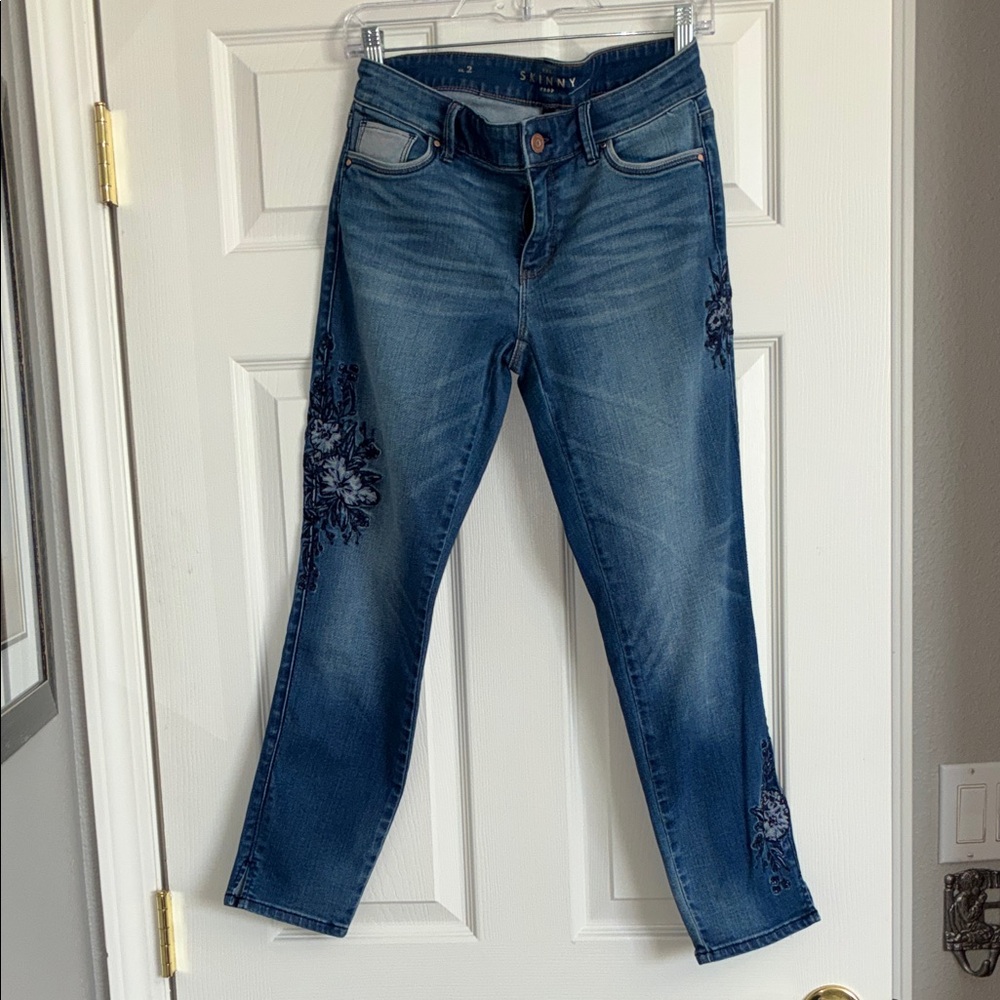 White House Black Market Denim Skinny Jeans with Floral Embroidery